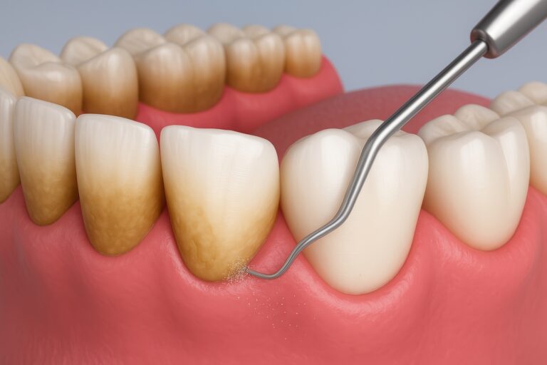 3D illustration of dental scaling procedure removing tartar and plaque from teeth with scaler tool, oral hygiene and gum health care